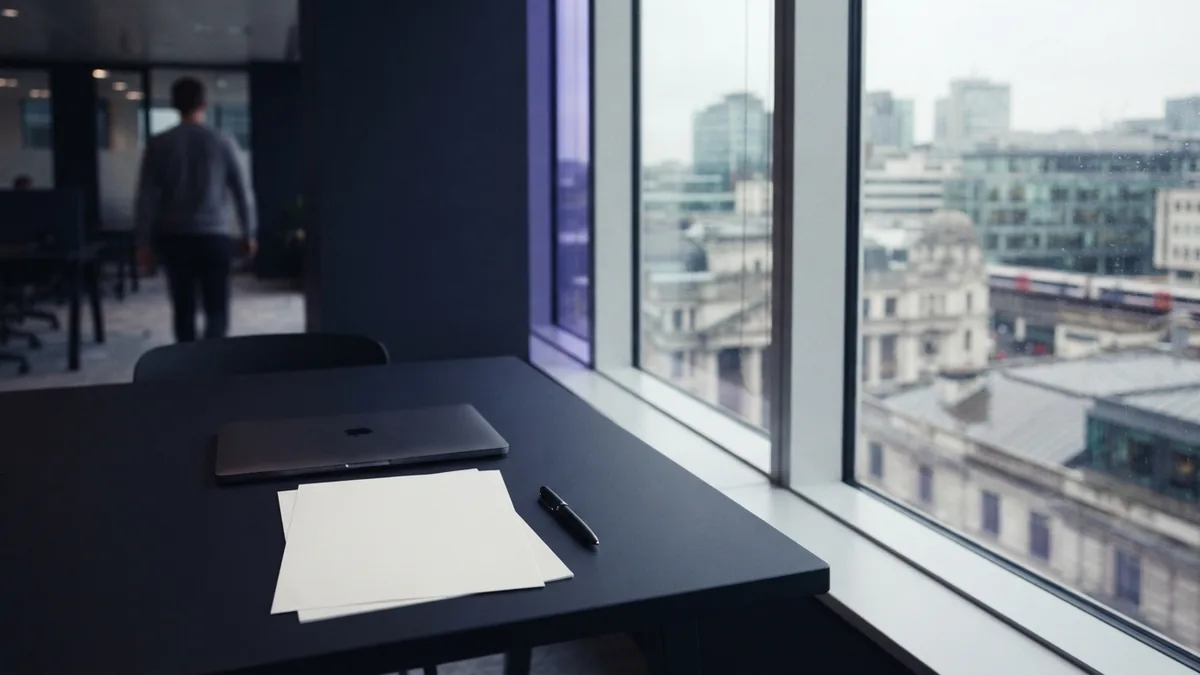 A desk set for comparing funding choices Minimal co-working desk with plain finance materials in cool daylight