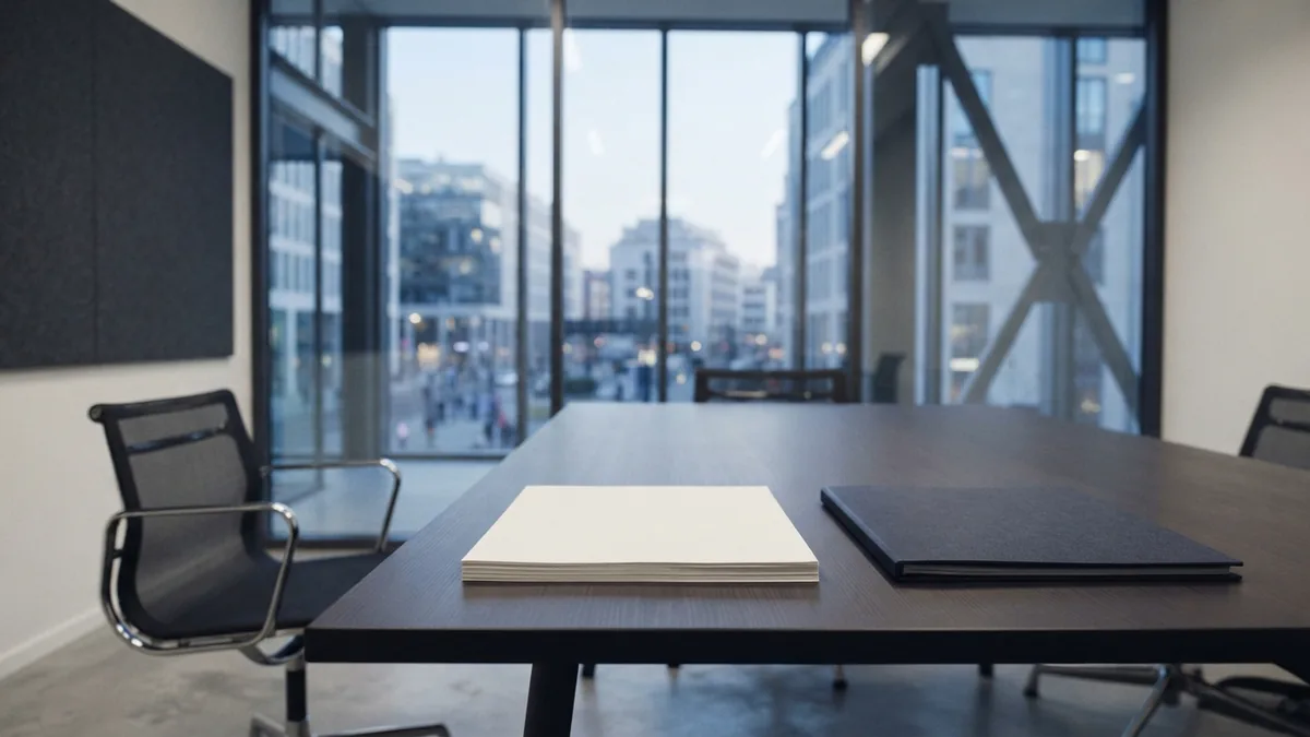 A calm setting for a funding review Quiet glass meeting room with a folder and blank papers on a table