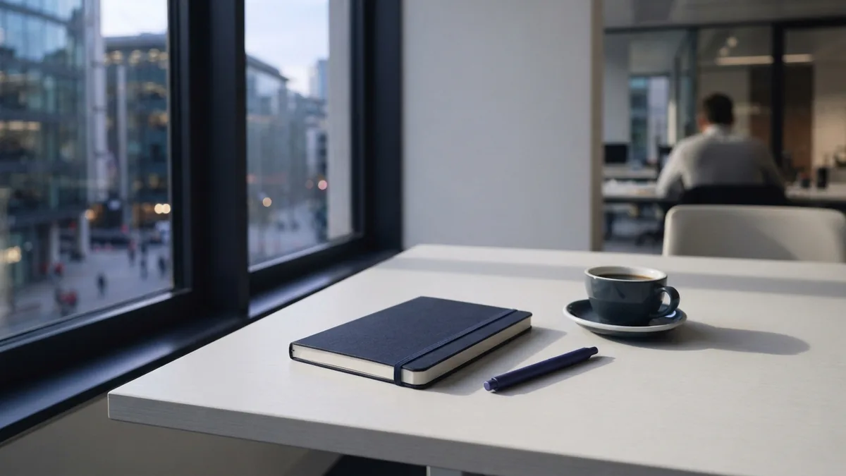 A quiet space for preparing a funding request Pale office desk with a closed notebook and coffee in natural light