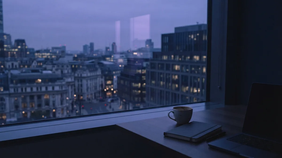 A measured view across a quiet business district Modern office overlooking quiet European city buildings at blue hour