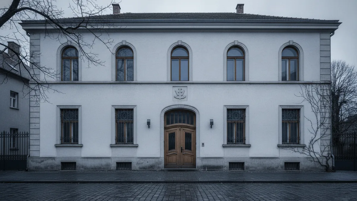 Sober view of an old clinic entrance under cloudy daylight