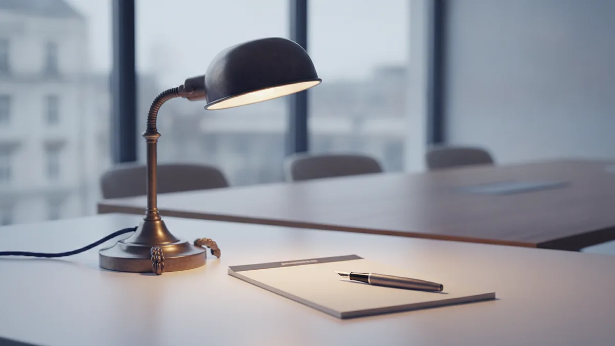 Warm lamplight on an antique desk lamp beside a notepad