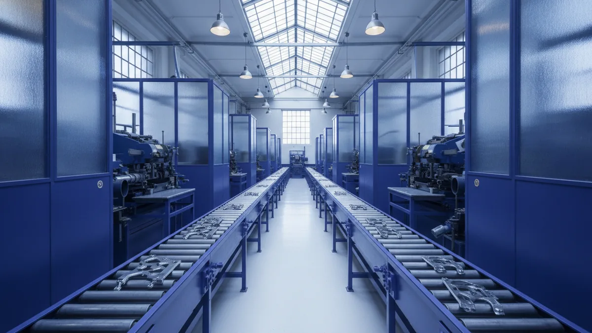Factory bays showing split production steps during the industrial revolution.