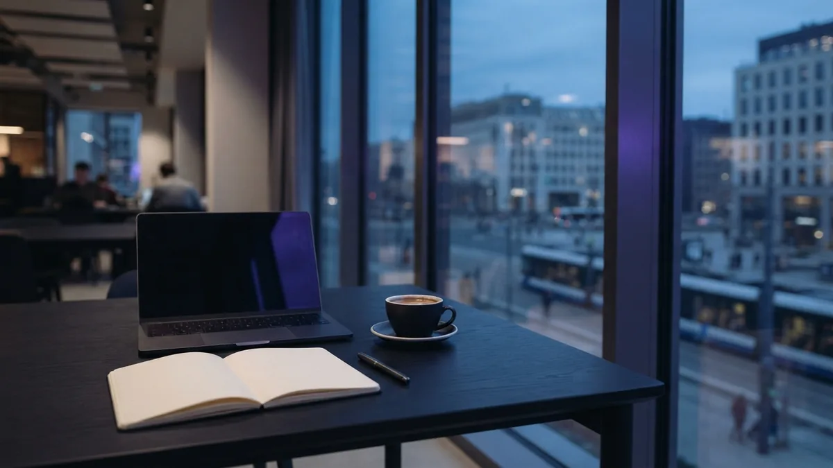 A shared workspace for business teams Minimal co-working desk in a European office with a laptop and notebook