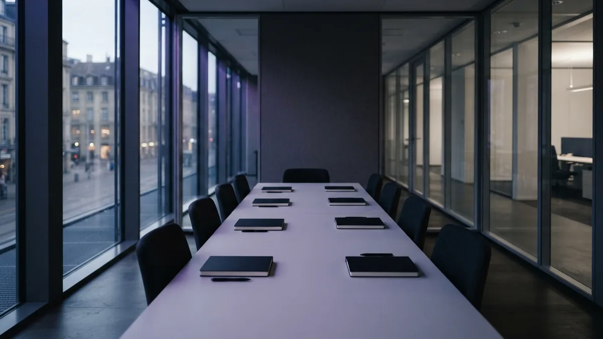 Empty European meeting room with a long table and neatly set notebooks