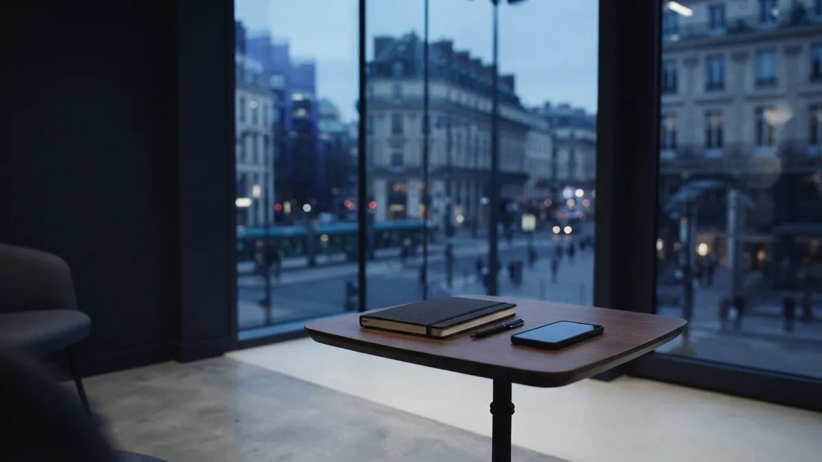 Quiet office corner beside a glass facade overlooking a European street