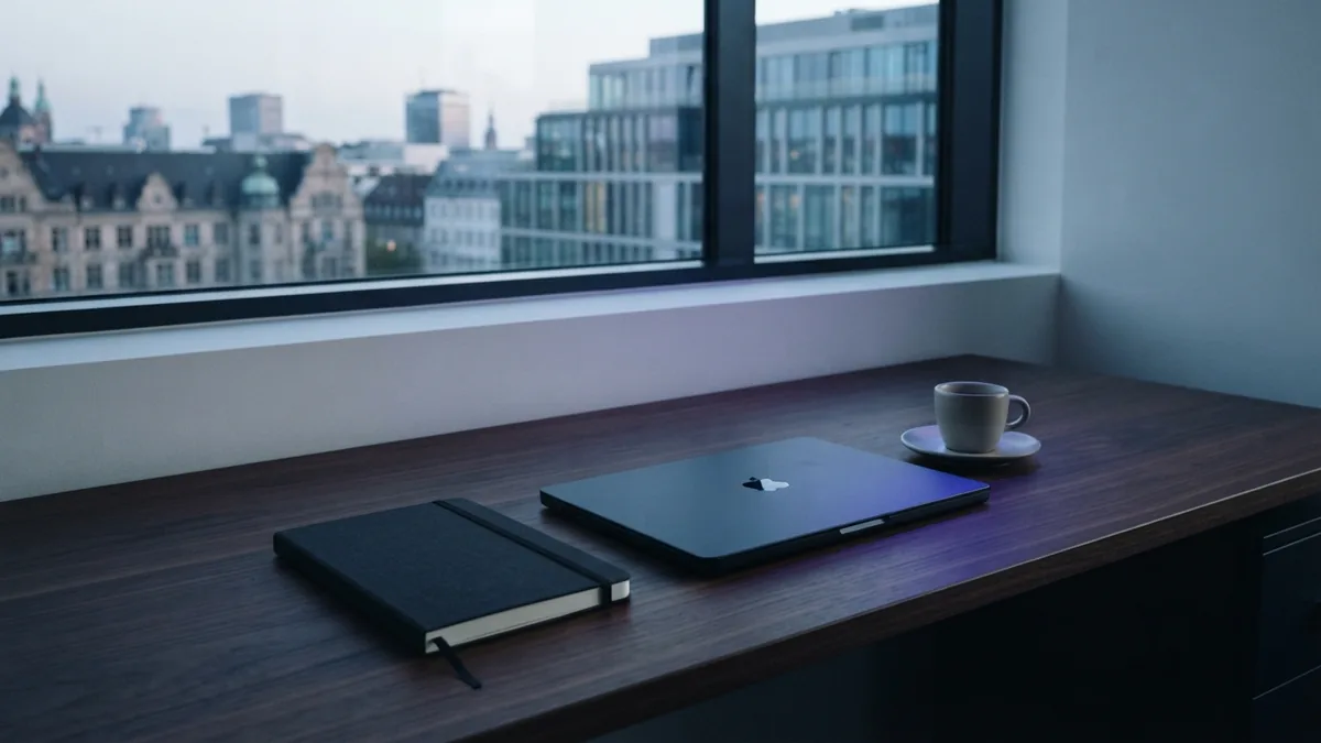 A mobile-ready workspace for service teams Office desk near a broad window with a closed laptop and blank folder