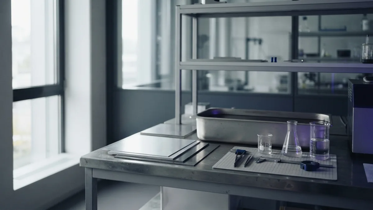 Industrial electrolysis equipment and metal samples arranged in a quiet work area