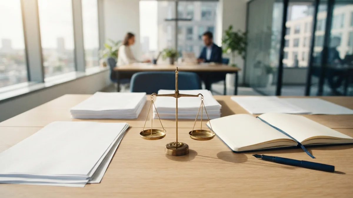 Balance and clarity in business communication Business desk with aligned documents, open notebook, and steady brass scales in soft light