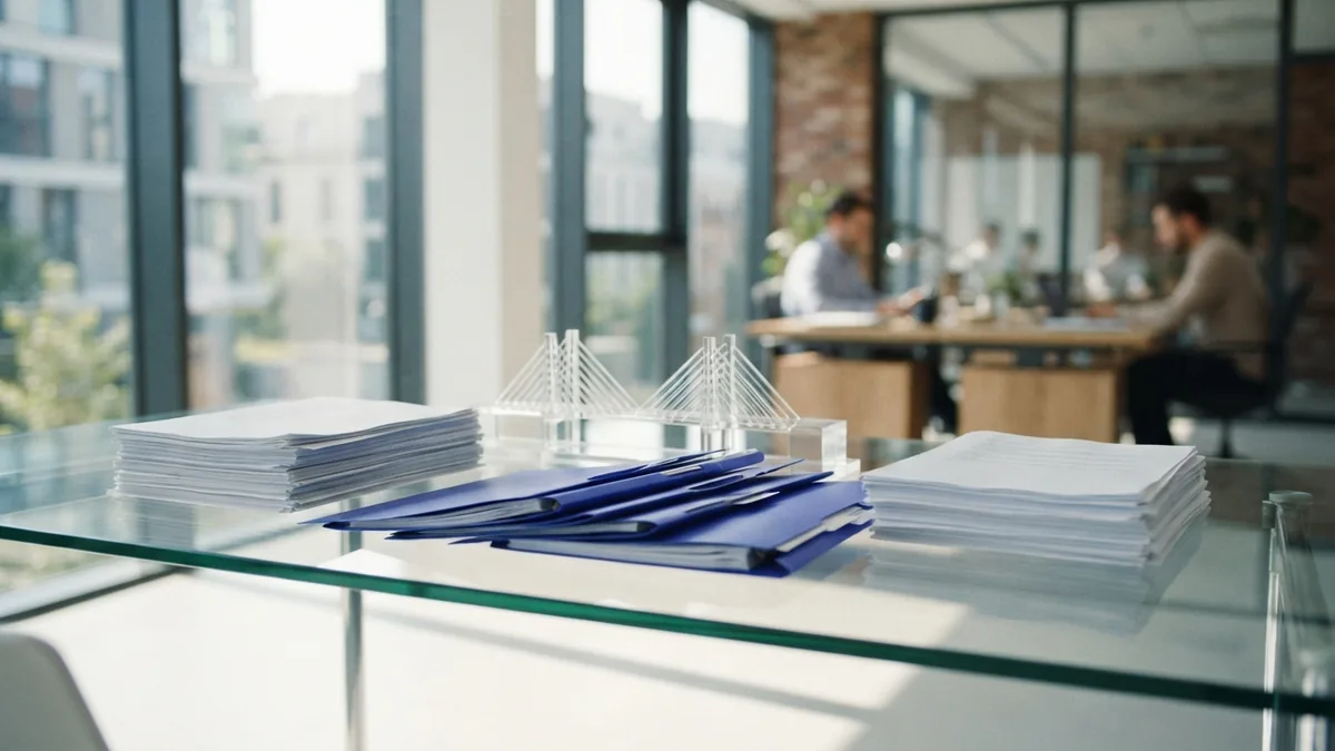 Building steady trust with stakeholders Glass office meeting table with connected folders and a clear bridge model