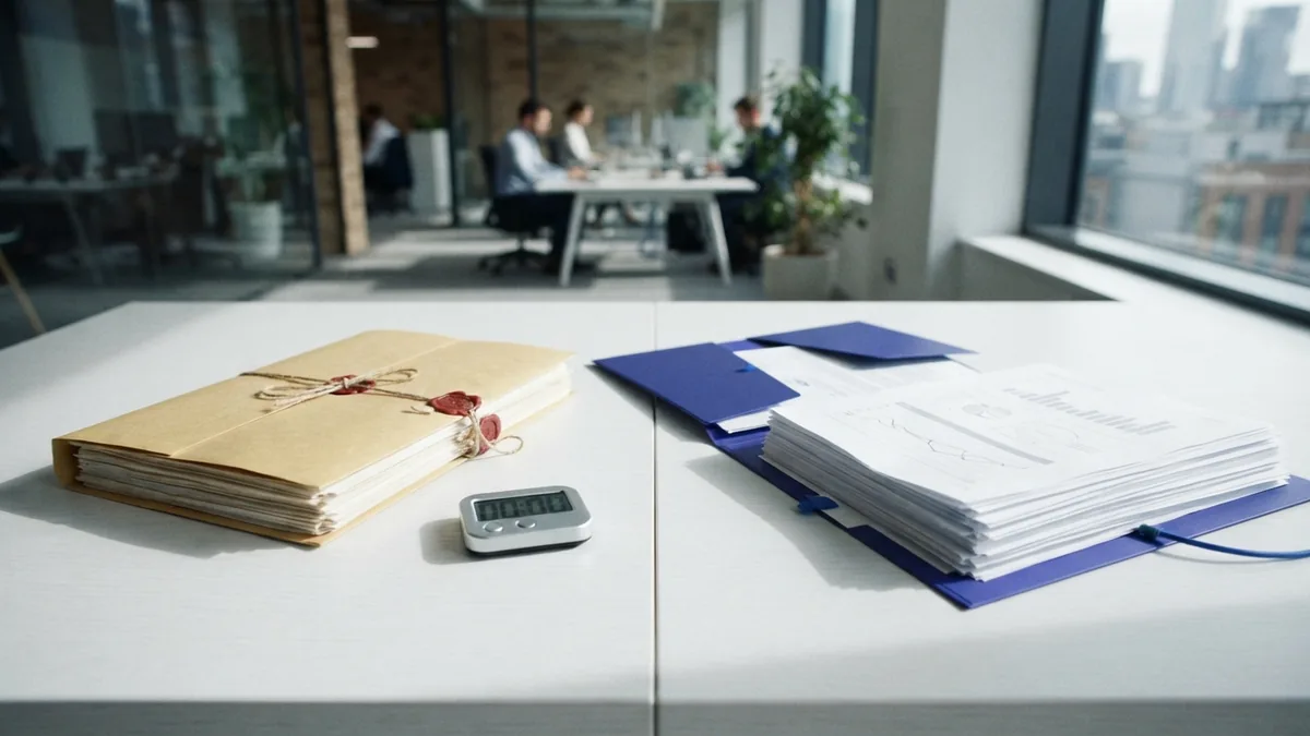 Split desk scene showing sealed files beside an open review folder and timer
