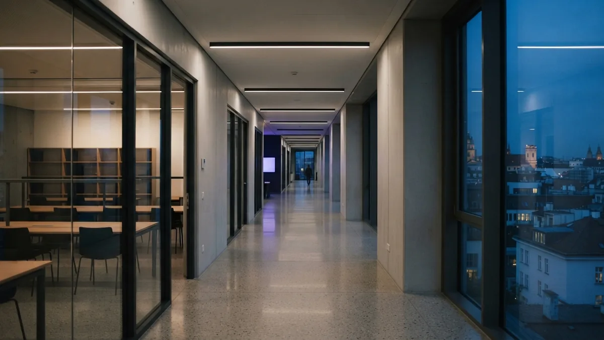 Modern European university corridor with orderly study rooms and soft daylight