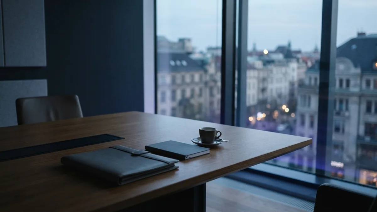 A quiet boardroom for future managers Empty European boardroom with a city view and restrained business setting