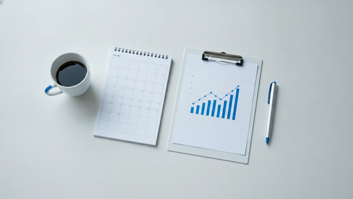Overhead view of a calendar and planning tools on a desk