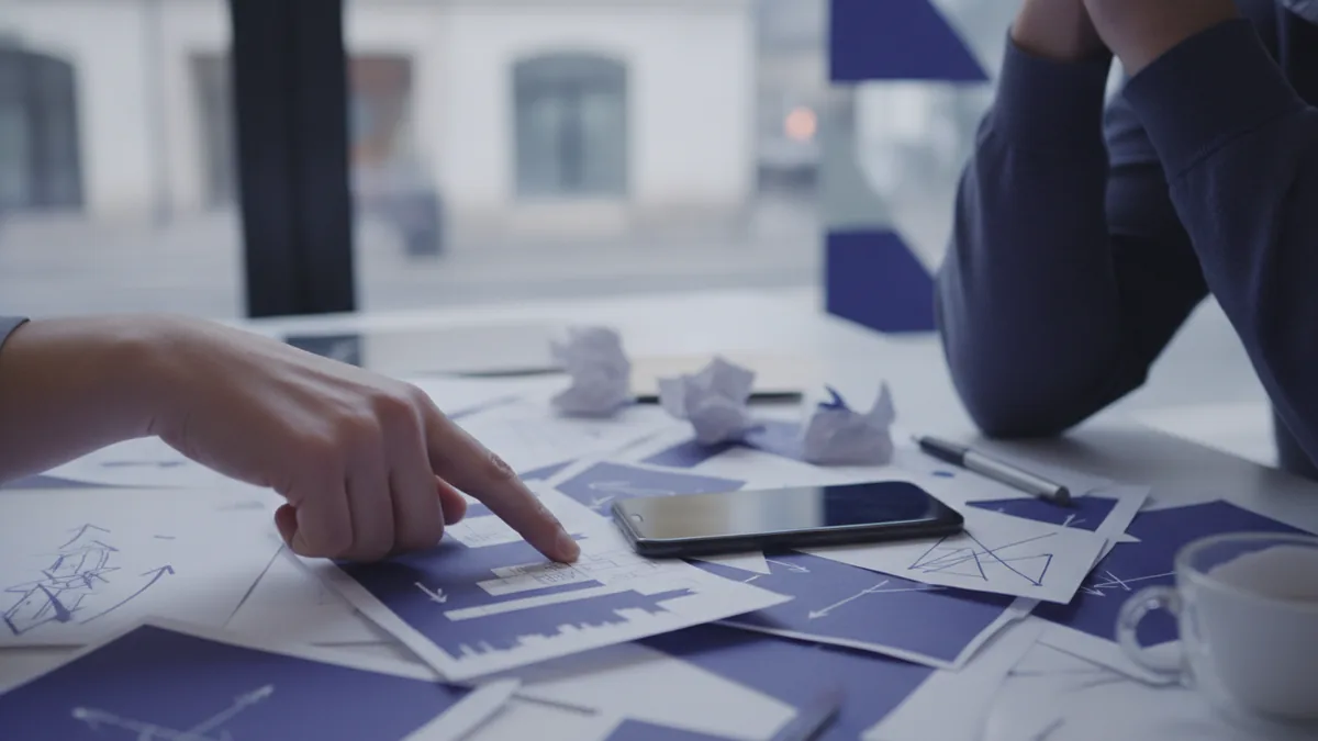 Hands reviewing messy notes and decisions on a desk