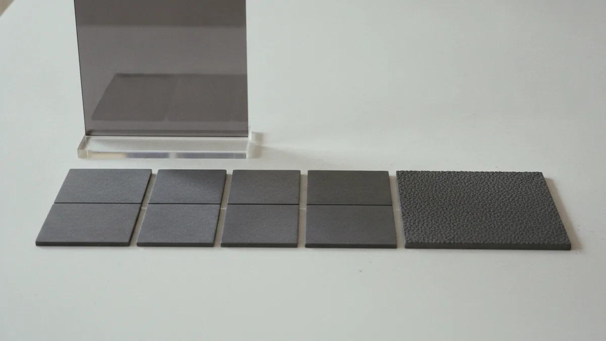 Shower materials samples showing tile, acrylic, and slip-resistant options