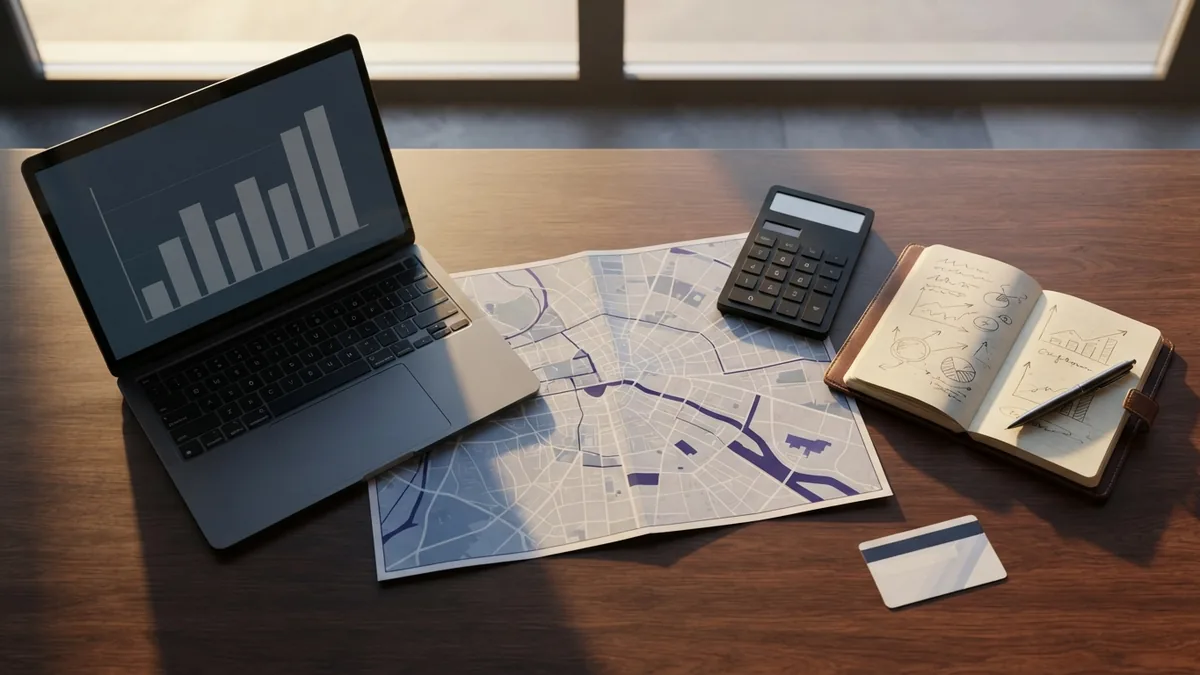 Desk with city planning tools for comparing digital marketing salaries by location