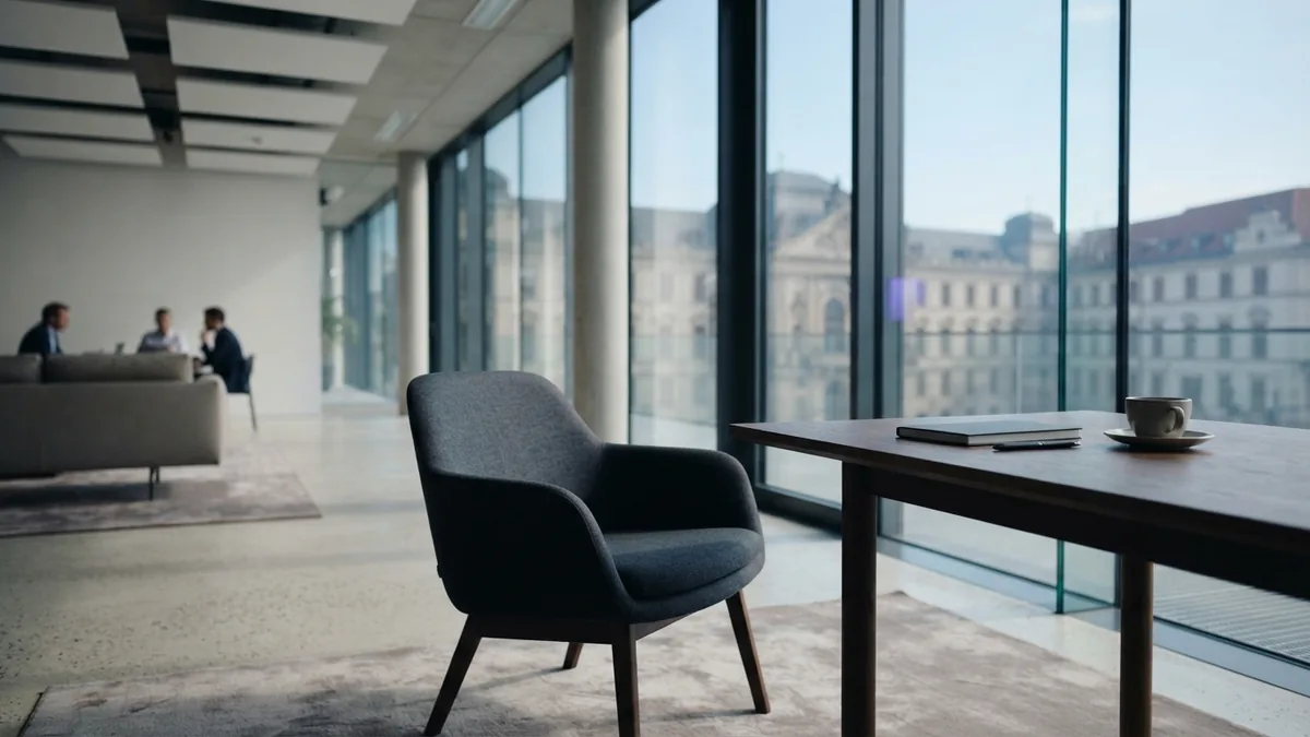 Modern European office lounge showing a calm setting for trusted professional work