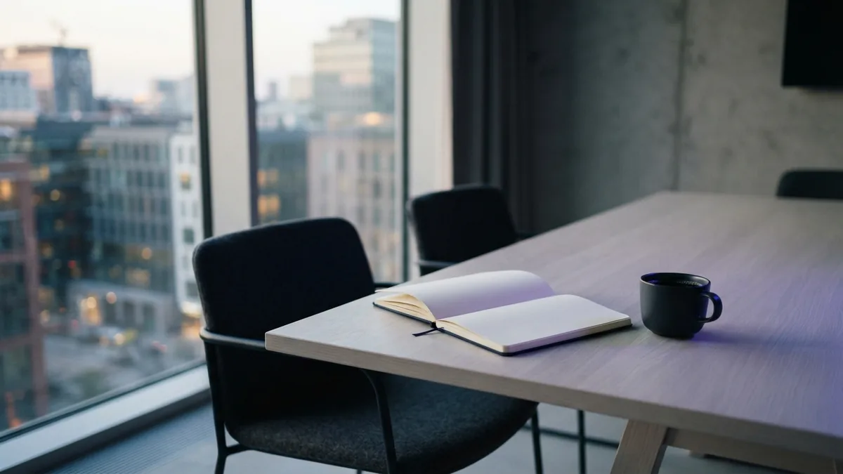 Minimal meeting room with an open notebook for defining a clear value proposition