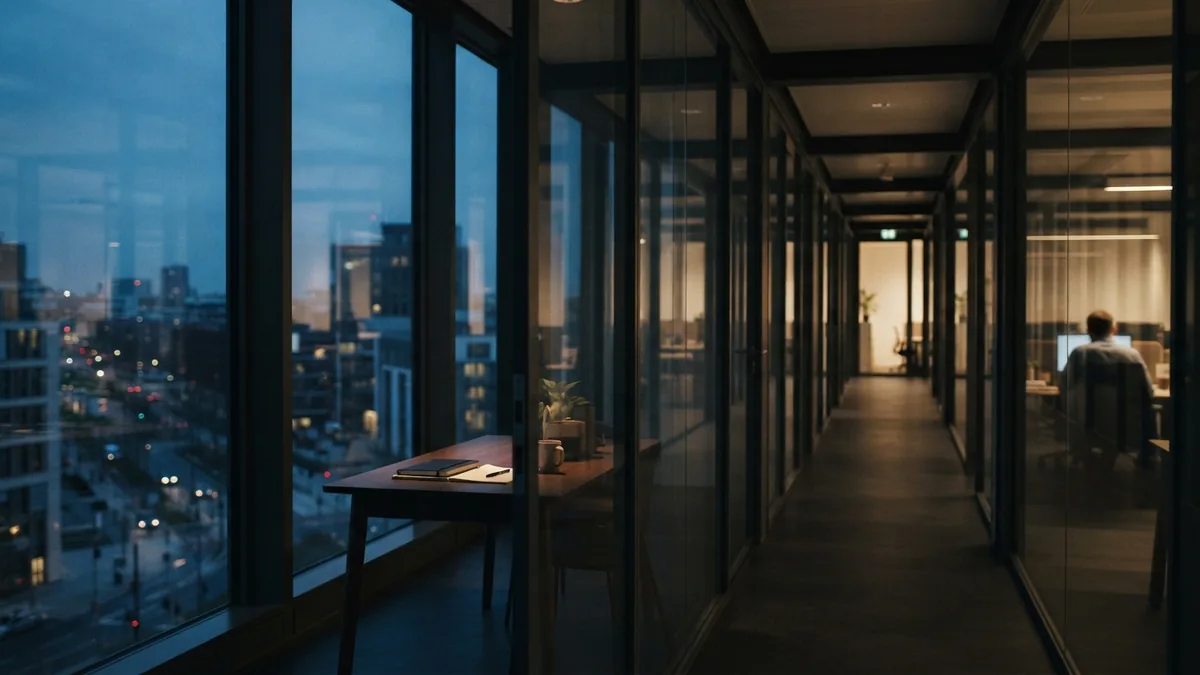 European office corridor at blue hour with cool light and clean architectural lines