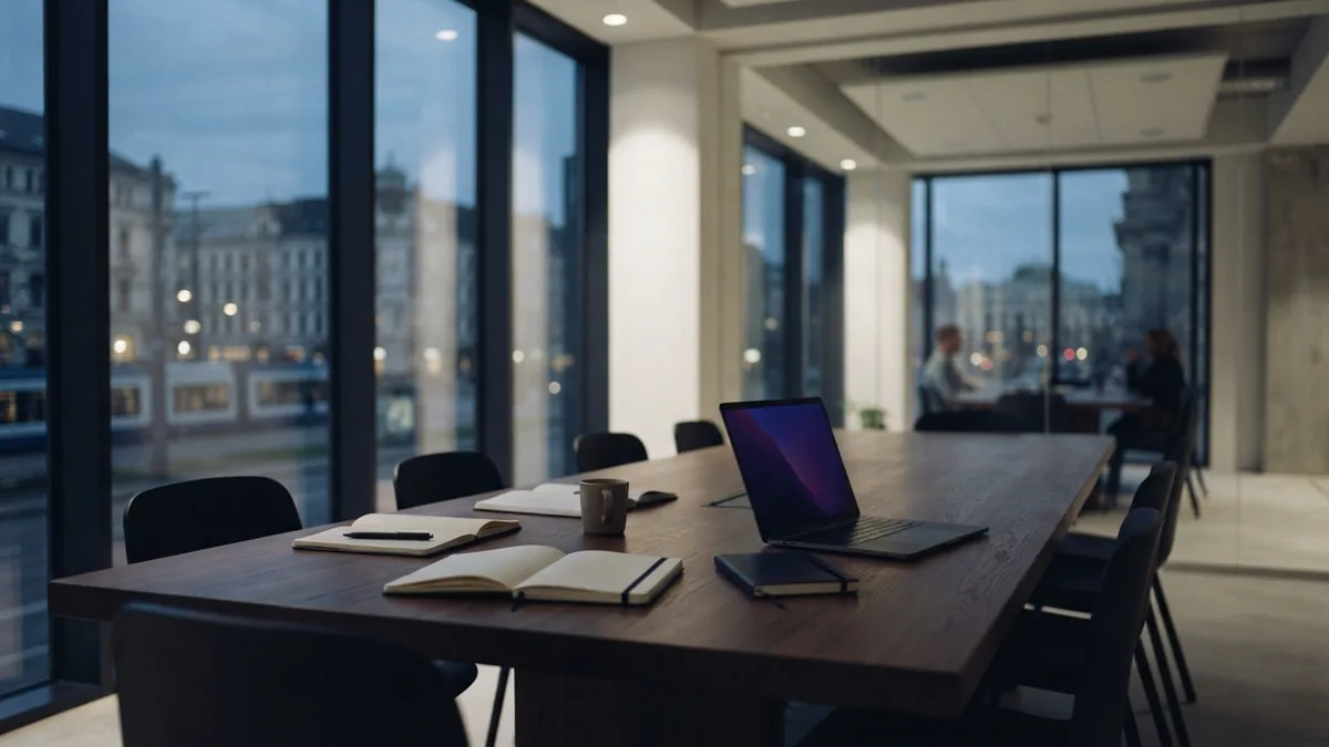 Empty European boardroom with notebooks and laptop for advanced marketing return analysis