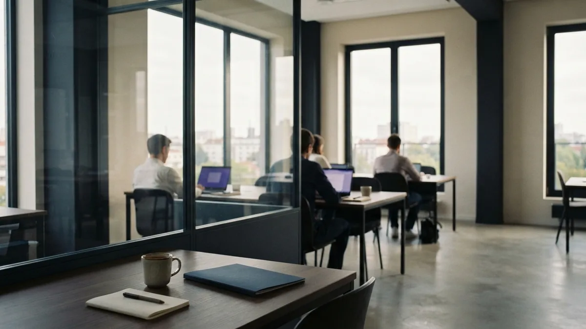 Co-working space showing divided data work Modern co-working office with separate work areas reflecting marketing data silos