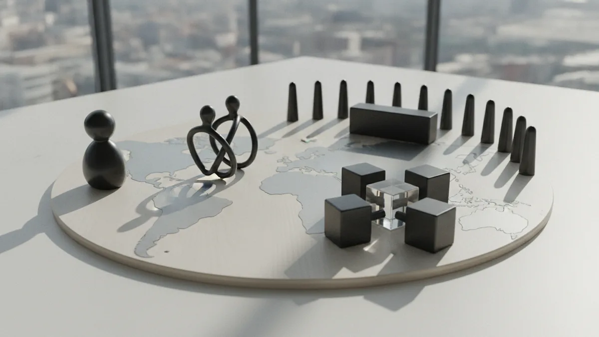 Tabletop planning scene representing multiple business entity types
