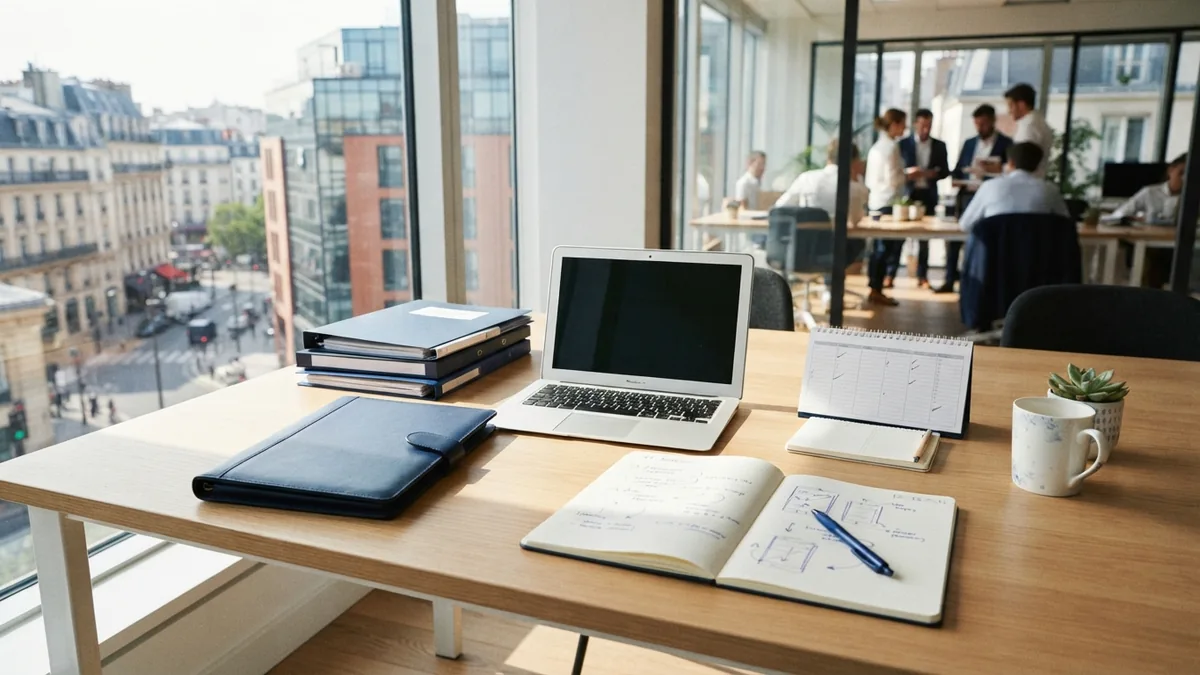 Plan a strong marketing team Business recruitment planning with folders, notes, and a laptop in a bright office