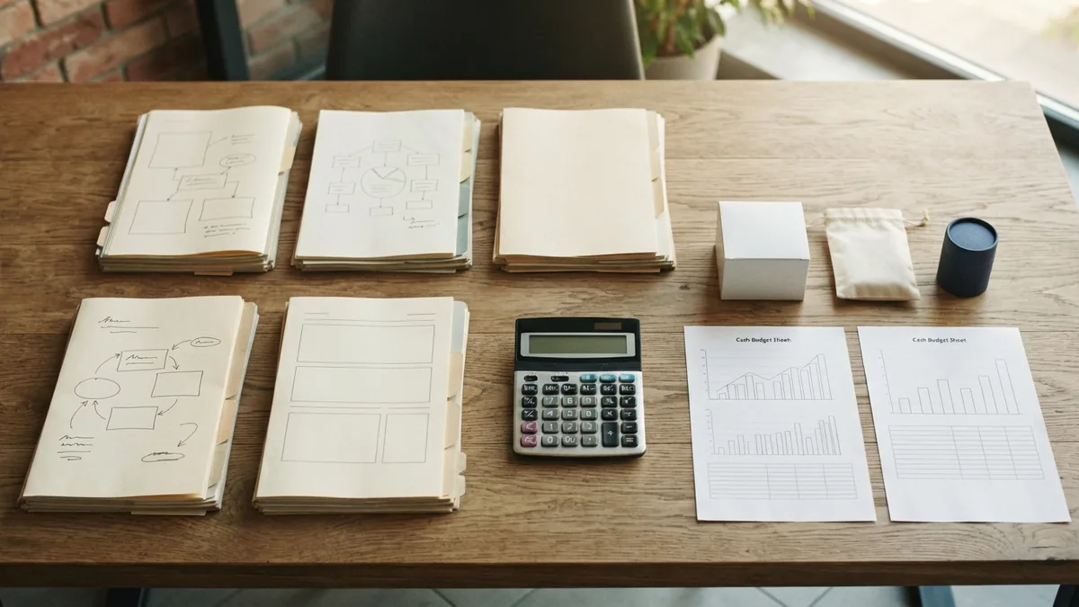 Startup cost comparison with calculator, budget sheets, and business plans