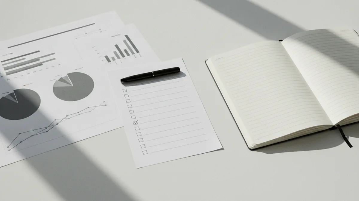 Strategy checklist and charts Checklist and charts on a desk to support business planning decisions