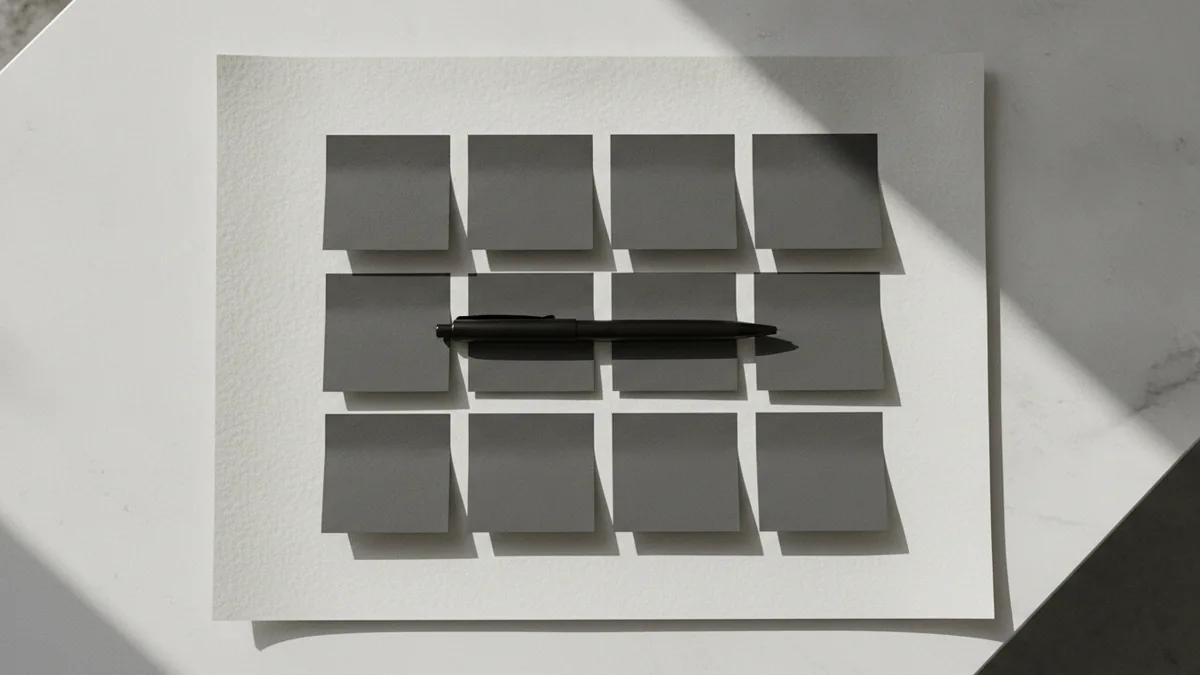 Blank page and sticky notes arranged to outline business plan sections