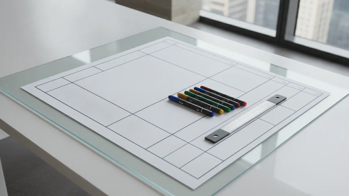 Core plan components Charts and markers on a desk representing market and financial analysis
