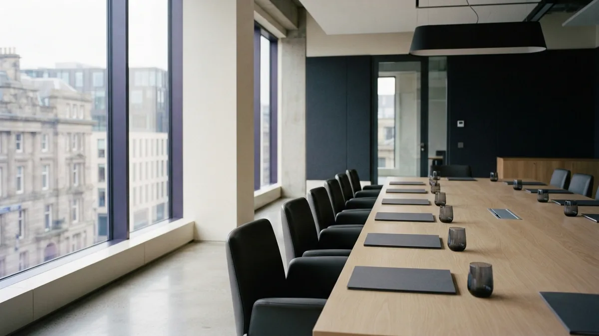 Orderly boardroom for chapter choices Empty European boardroom with orderly folders and pale table in soft daylight