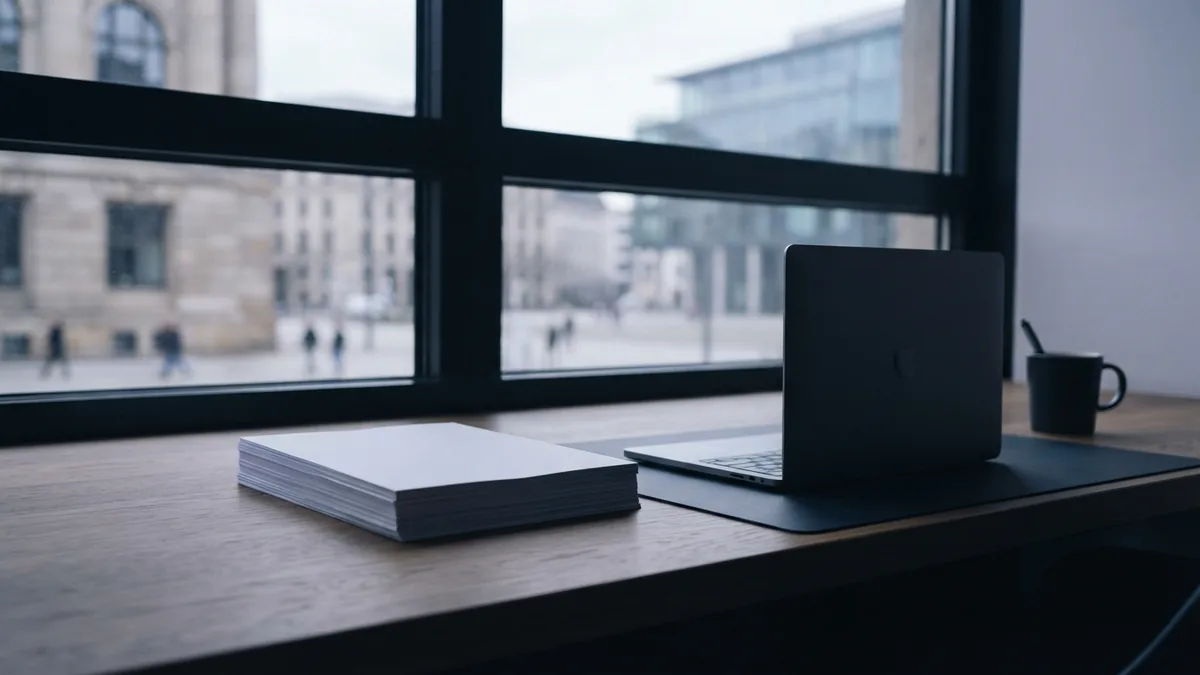 Focused desk for a filing process Tidy co-working desk with blank papers and laptop near a bright window