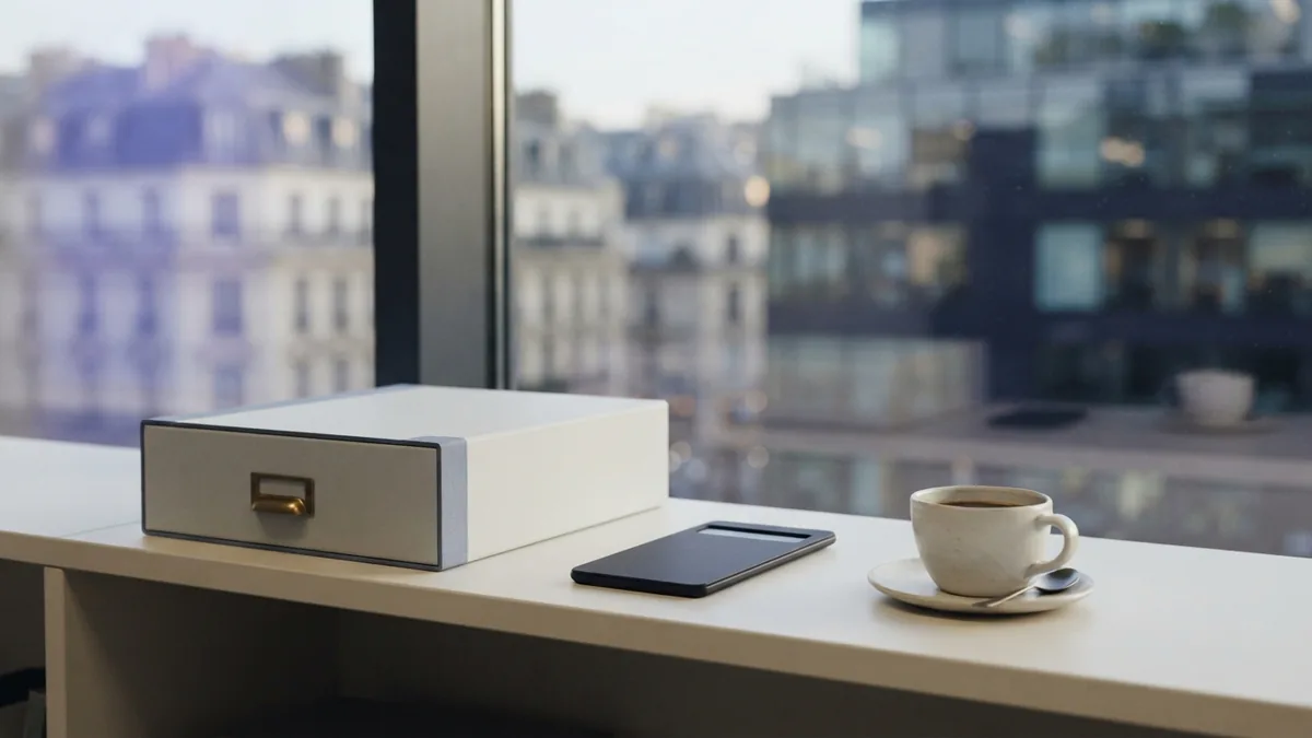 Modern office shelf with archive box and desk items in cool natural light