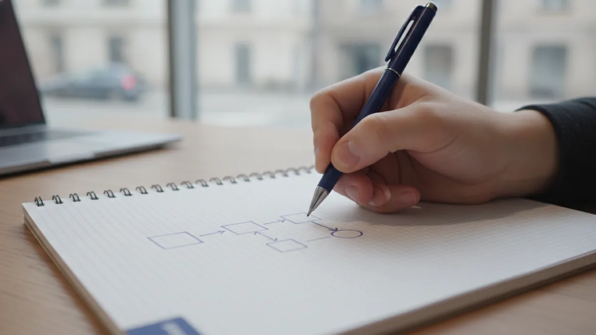 Pen and notebook showing a simple structure for a business idea description