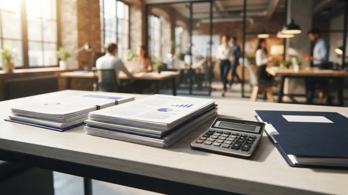 Business formation documents arranged beside a calculator and filing folder