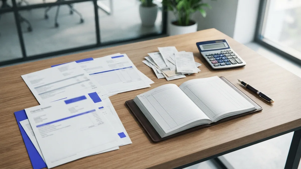 Business banking paperwork Small business banking workspace with account papers, ledger, and payment receipts