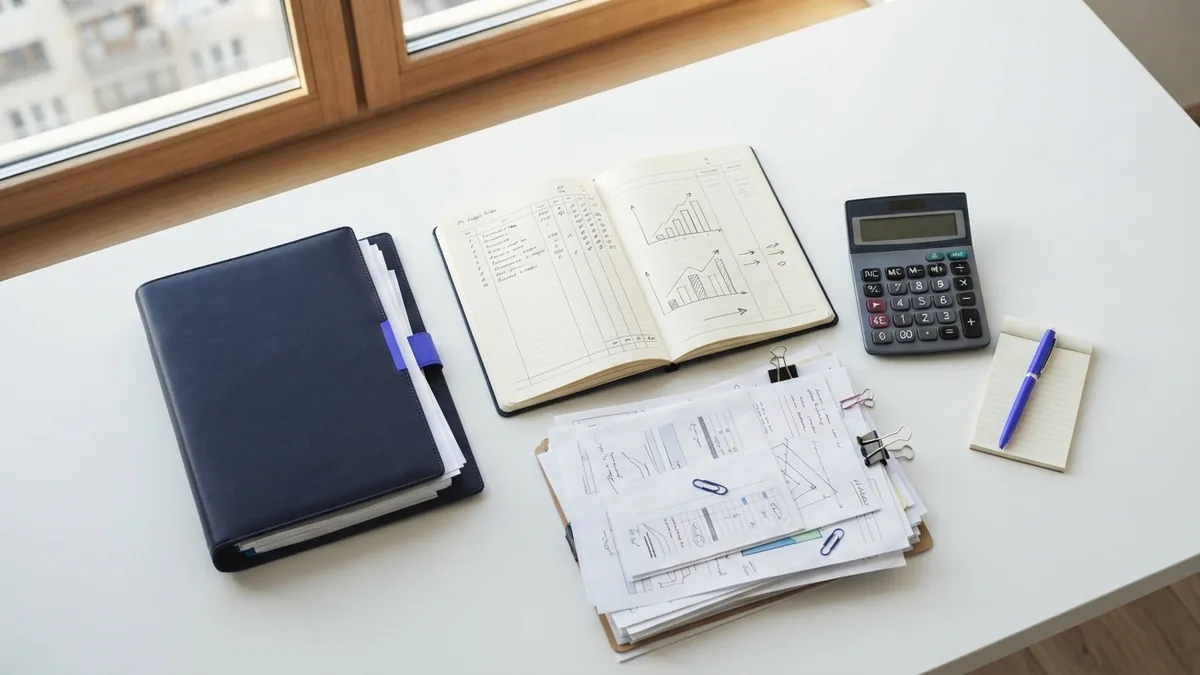 Comparing business loan types Small business finance records arranged with calculator and bank statement pages on a desk