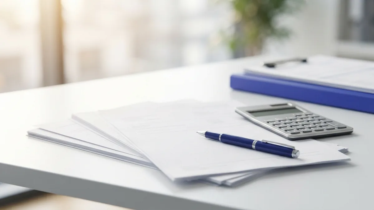 Business finance application papers organized beside a calculator and pen on a modern desk