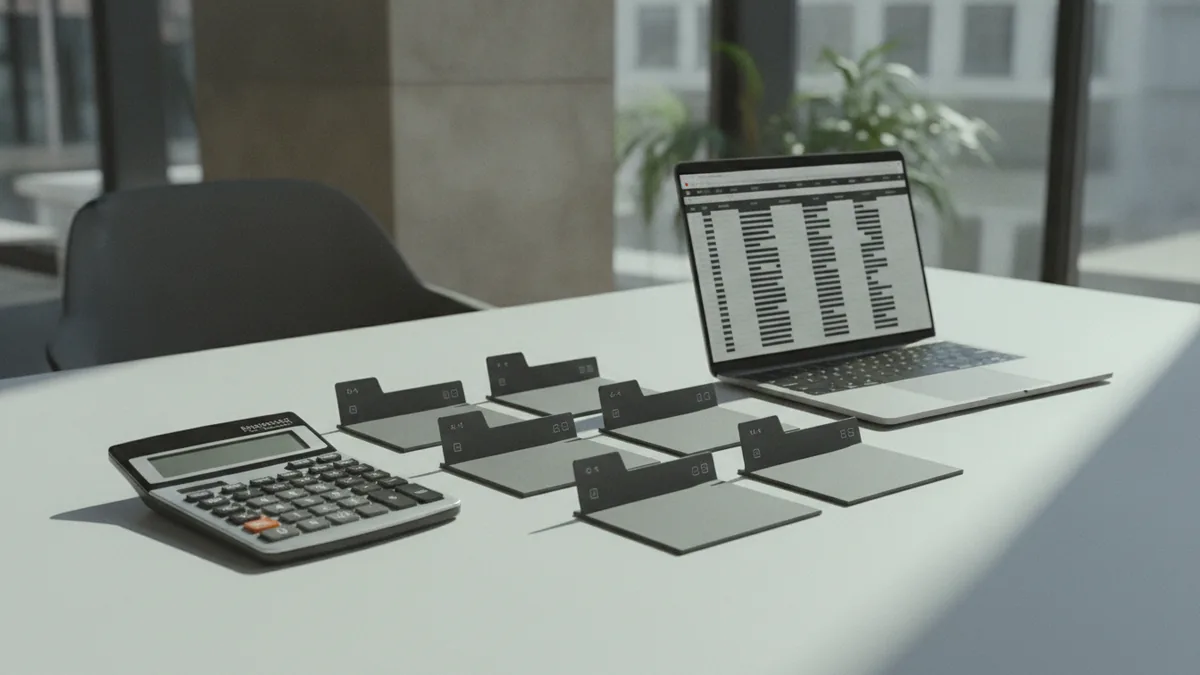 Map startup costs Calculator and folders next to a laptop for startup budget planning
