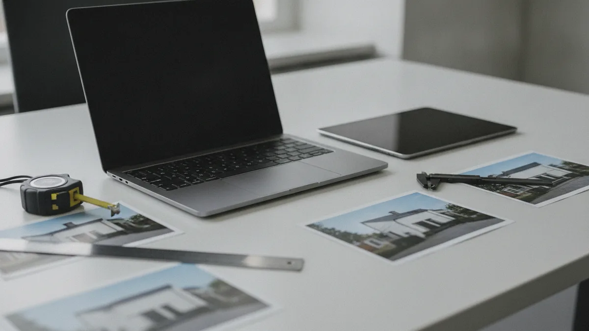 Desk setup with tools and property reference materials for valuation work