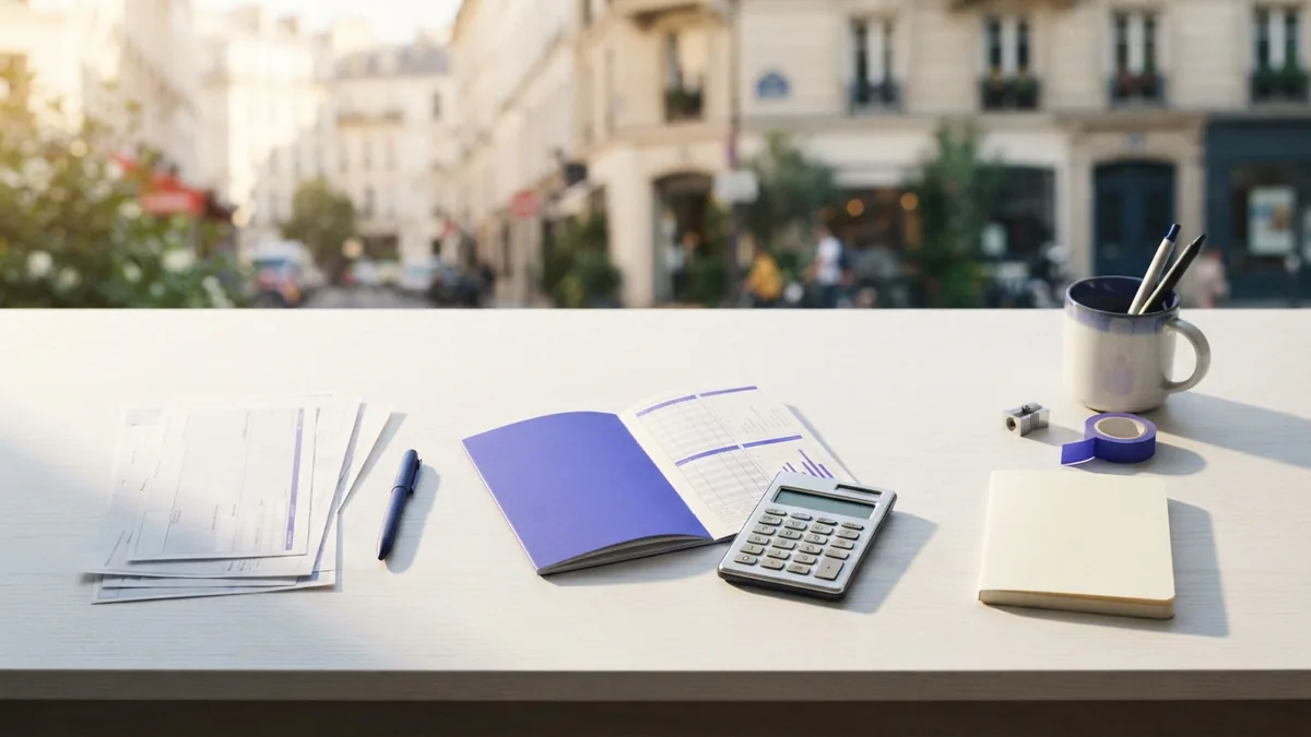 Small business owner’s workspace with savings plan, calculator, bank papers, and modest startup supplies