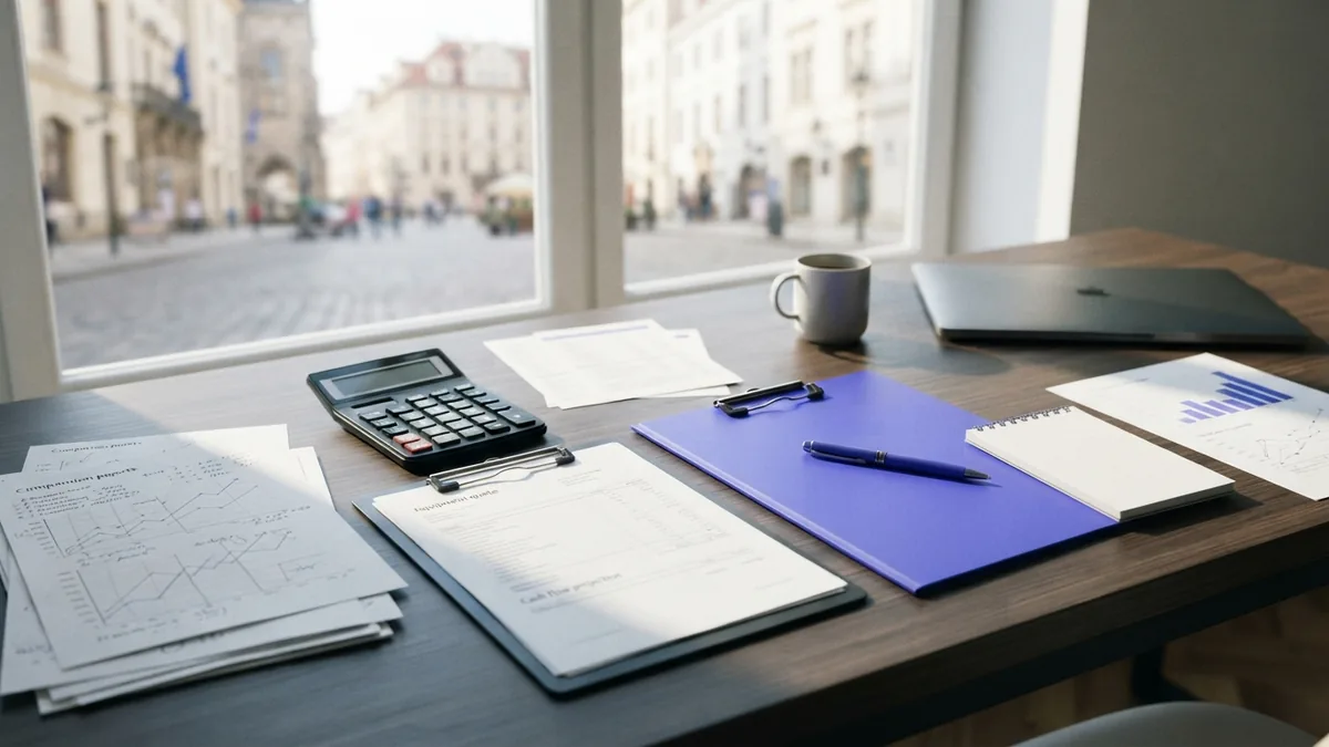 Comparing startup loans Business finance desk with loan comparison papers, calculator, equipment quote, and cash flow notes