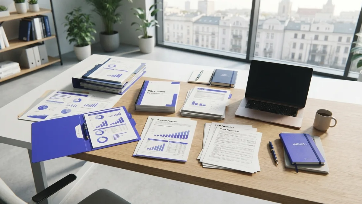 Preparing for investors and grants Startup funding workspace with pitch plan, forecast charts, grant papers, and organized finance folders