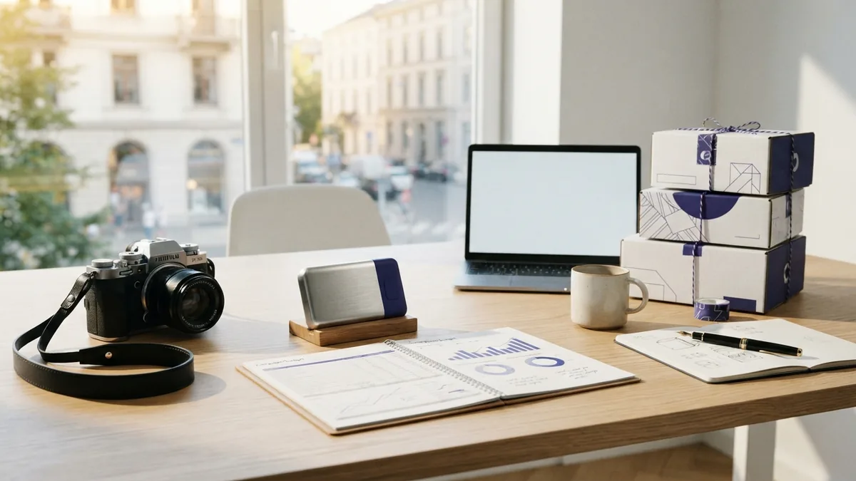 Crowdfunding planning desk with product sample, campaign budget, camera, and neatly arranged shipping boxes