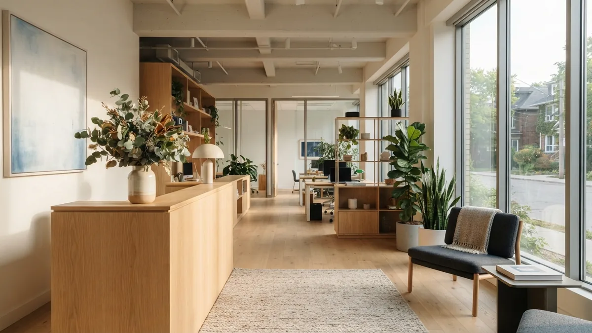 A trusted workplace entrance Welcoming office entrance with warm lighting and thoughtful design details