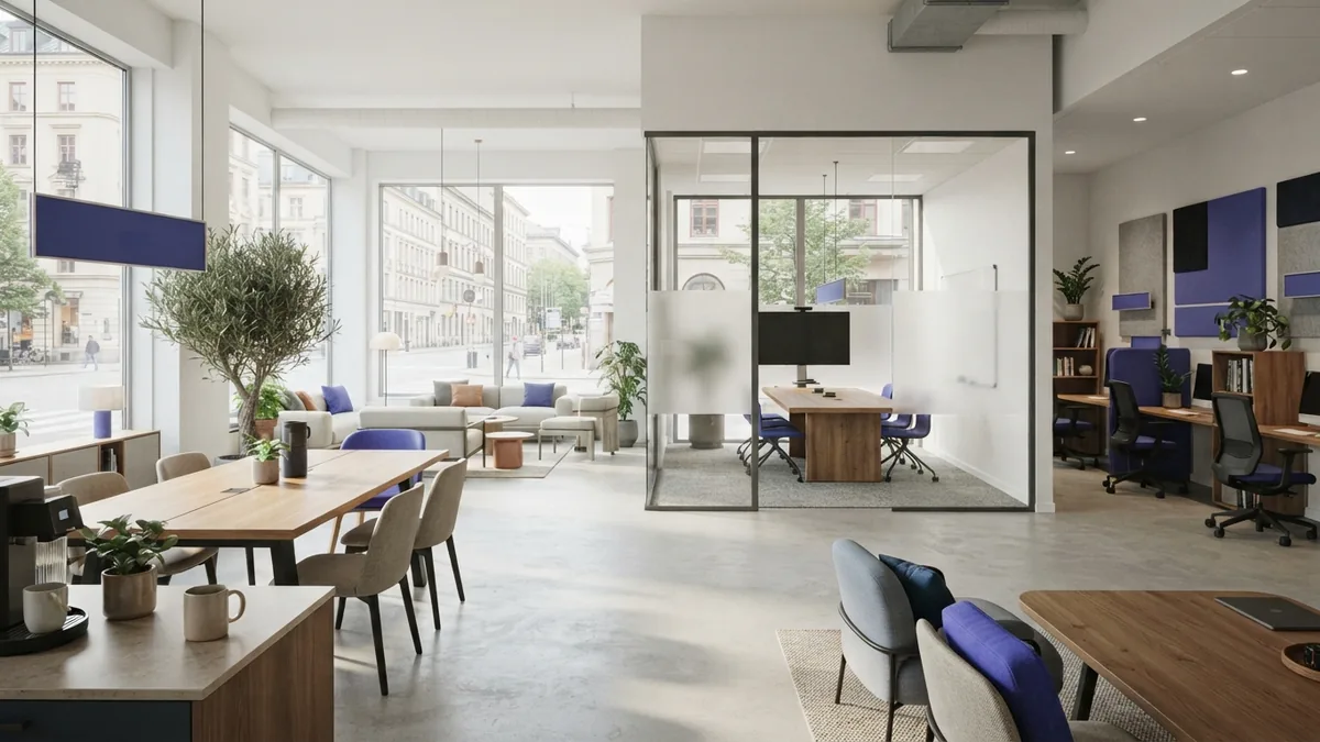 An inclusive workplace design Inclusive office setting with varied work areas and accessible design features