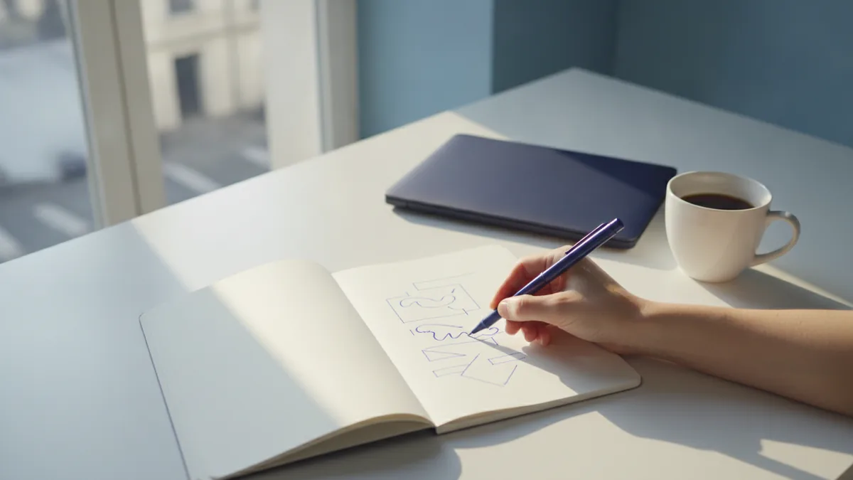 Planning starts with clarity Overhead view of a person jotting business plan notes