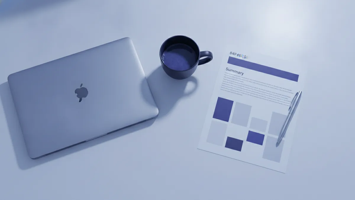 Executive summary focus One-page business summary on a desk next to a laptop